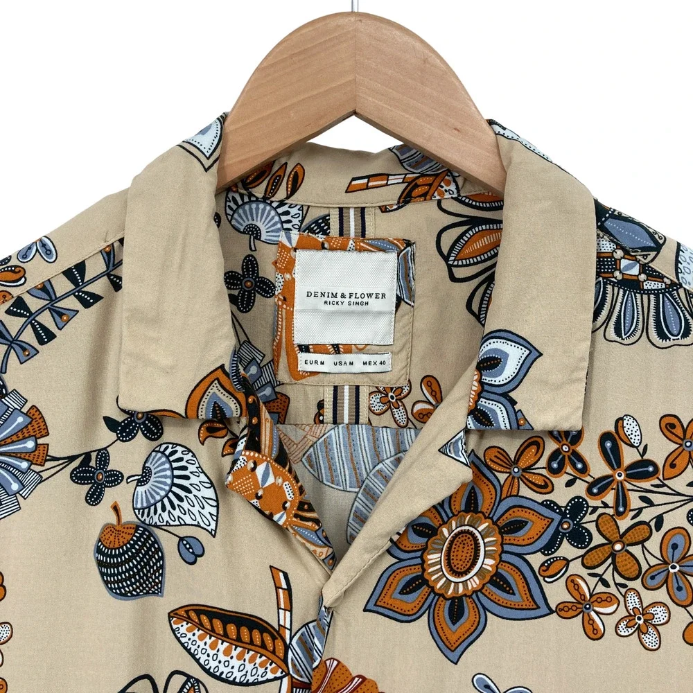 Denim & Flower Ricky Singh Floral Print Button Down Shirt Medium Men's Viscose